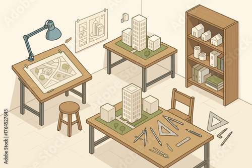 Architectural studio with model buildings and drafting tools in a cozy workspace