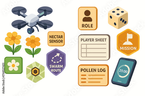 Drone-based pollination game elements with role cards and smartphone timer