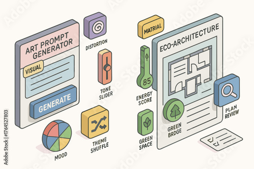 Art prompt generator and eco-architecture design concept with visual elements