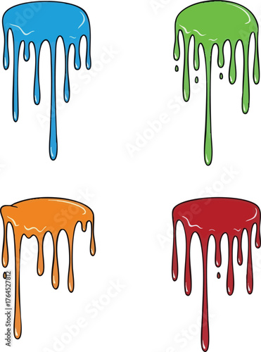 Four colorful paint drips in blue green orange and red.