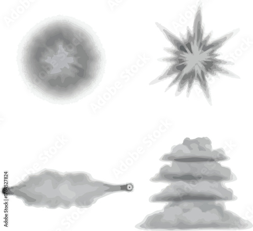 Set of various smoke and explosion effects in grayscale on white background.