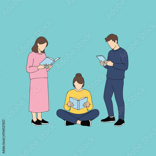 A group of three young people a man and two women standing and sitting while reading books in a minimalist illustration style.