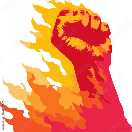 Powerful fiery clenched fist vector graphic symbolizing protest, strength, revolution, and determination on a white background.