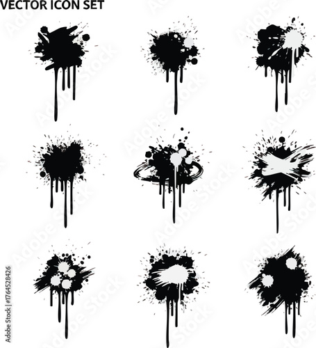 Ink Splatter Vector Set Dynamic Black Paint Splashes and Drips.