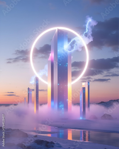 Wallpaper Mural A surreal landscape where geometric shapes emerge from a swirling mist, minimalist structures rise like crystalline towers under a glowing, luminescent sky. Ethereal wisps of energy dance around, crea Torontodigital.ca