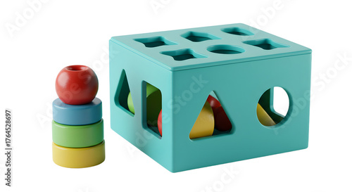 BABY TOYS - Colorful wooden shape sorter toy with stacking rings for toddler development and learning, ideal for early childhood education