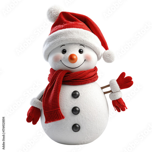 Animated snowman wearing a red hat, scarf, and mittens, smiling