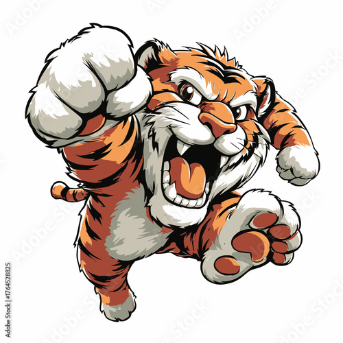 Aggressive cartoon tiger mascot roaring fiercely with a powerful punch, a wild animal illustration for sport teams or branding.