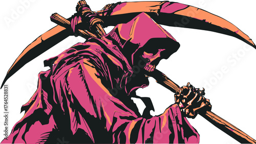 Grim Reaper skeleton in a dark hooded robe holding a scythe, symbolizing death, mortality, and the end, in a spooky stylized illustration.