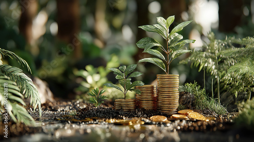 Growing investments with plants and coins reflecting financial growth in a natural environment