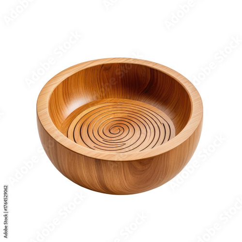 Wooden bowl with intricate, spiraling design on its base