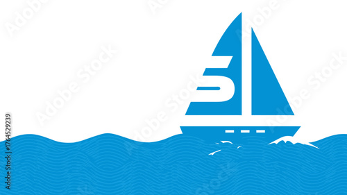 Minimalist blue sailboat icon illustration navigating wavy sea, symbolizing maritime adventure, travel, and leisure on water.