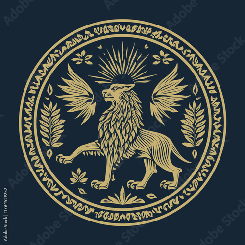 Vintage winged lion emblem, ancient mythological creature seal with radiant sun rays, laurel branches, intricate heraldic design