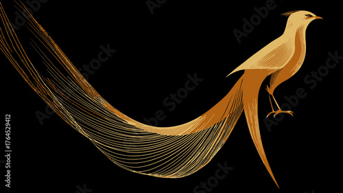 Elegant Golden Bird with Long Flowing Tail Vector Illustration on Black Background, Luxurious Abstract Artistic Design