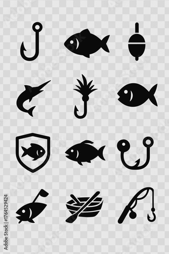 Fishing icon set. Fishing Gear Icons. Solid style icons of fishing gear and methods: fishing pole with hook, net icon, bait bucket, tackle box, fish