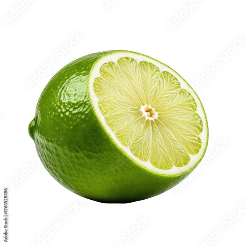Half of a vibrant green citrus fruit with a textured, pale center