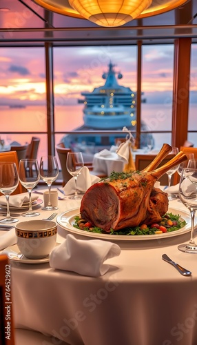 Elegant formal dinner table setting with roasted meat and sunset view from a cruise ship dining room