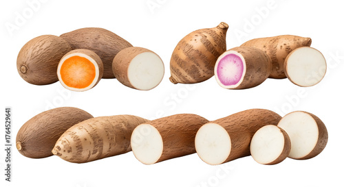 Fresh yams and taro roots isolated on white background, natural starchy root vegetables for cooking and healthy meals