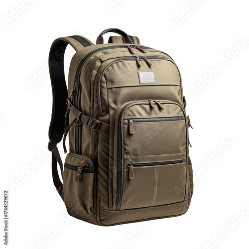 Olive-toned backpack with multiple compartments, padded straps, and a handle