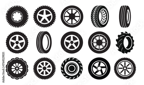 Collection of Black and White Tire and Wheel Icons