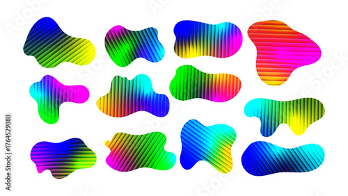 Set of organic blob amoeba shapes with stripped refracted glass effect. Vector graphic design elements. 