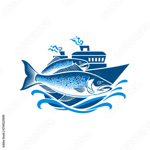 Retro style blue fishing boat and large fish emblem on ocean waves. Marine and seafood industry vector illustration.