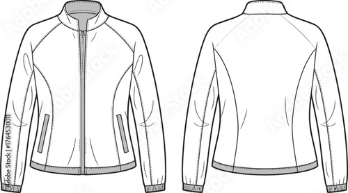 Flat sketch technical fashion illustration of men’s zip up jacket with high collar, raglan sleeves, ribbed cuffs, hem, zipper pockets, front and back view