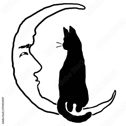 isolated halloween cat on moon in hand drawn style in vector. illustration for website sticker mascot poster.
