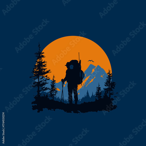 Adventurous hiker silhouette with backpack and trekking pole against an orange sun and blue mountain forest