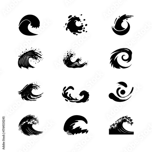 Collection of stylized black wave icons, abstract ocean and sea water symbols, splash elements, ideal for graphic design, surf, and marine concepts.