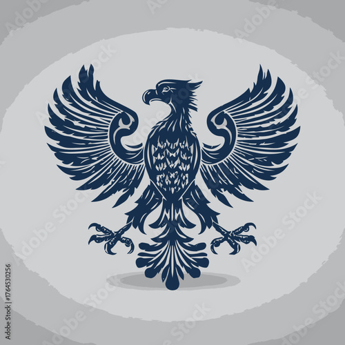 Majestic heraldic eagle emblem with spread wings, stylized bird of prey insignia, strong classic crest design on gray background
