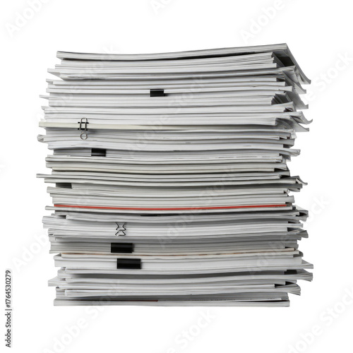 Stack of paper documents with clips, isolated on black background