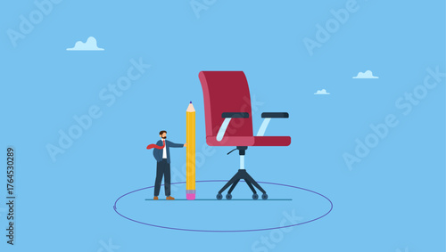Smart businessman drawing circle around his office chair. Work boundary, comfort zone or scope of work, set up assignment or management authority.
