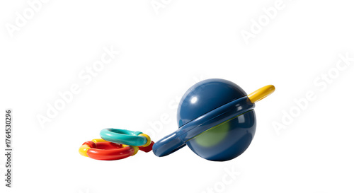 BABY TOYS - Blue spinning top toy with colorful rings isolated on white background, classic children's plaything perfect for kids' fun and learning