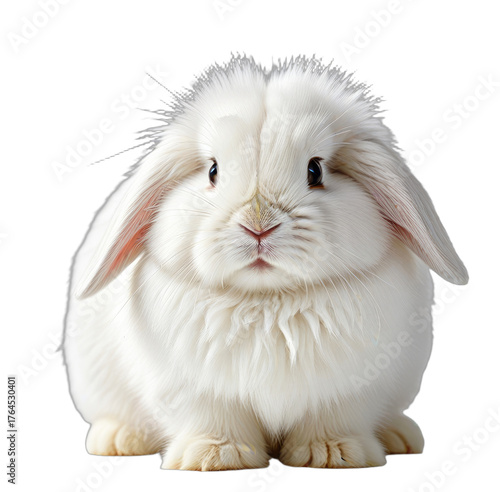 Close-up of a fluffy, white rabbit with large, floppy ears