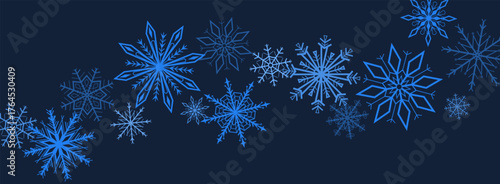 Decorative blue snowflakes arranged in a curved garland on a dark background. Winter composition perfect for Christmas cards, invitations, banners, and holiday design. Vector illustration