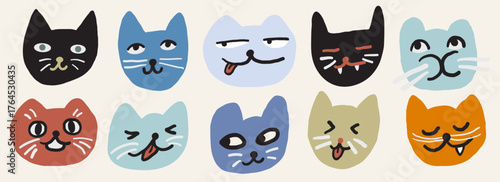 colored set of cat's heads in hand drawn style in vector. illustration for website sticker mascot poster.