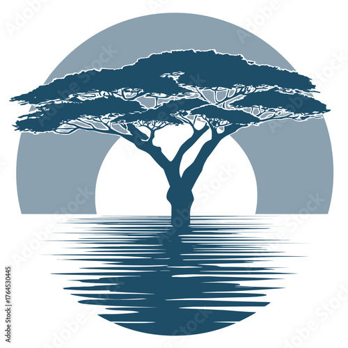 Stylized acacia tree silhouette with sun or moon reflection, serene African savanna landscape vector graphic design