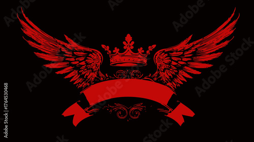 Regal Red Crown with Majestic Wings and Decorative Banner on Black Background, Vintage Heraldic Graphic Element