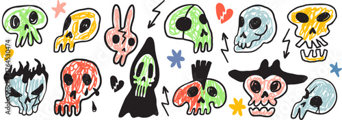 set of halloween sculls in hand drawn style in vector. illustration for website sticker mascot poster.