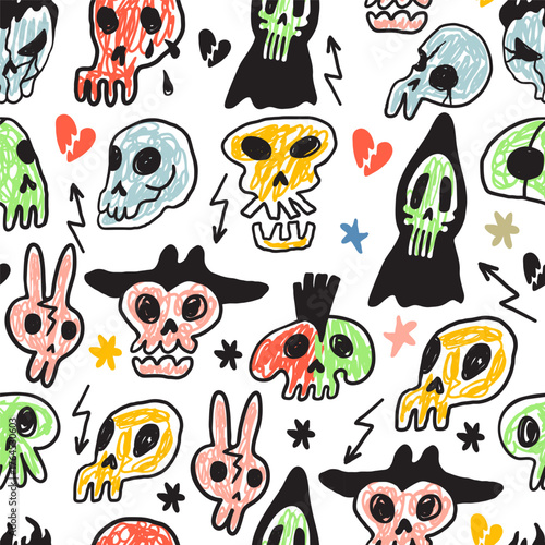 seamless pattern with sculls in hand drawn style in vector. Element for banner, wallpaper, wrapping, backdrop, background.