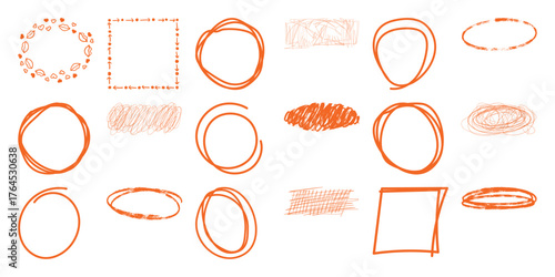Collection of Hand-Drawn Orange Shapes and Scribbles on White Background