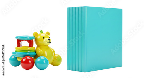 BABY TOYS - Colorful baby toys including stacking rings, balls, and a yellow bear next to a blank blue book, perfect for early childhood education