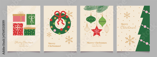 Merry Christmas and Happy New Year Set of greeting cards, posters, holiday backgrounds.