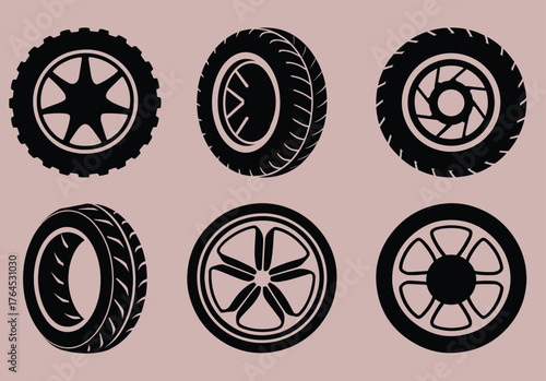 Collection of Six Black Tire and Wheel Silhouettes on a Light Pink Background