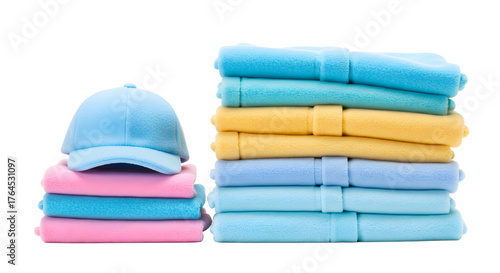 BABY TOYS - Stack of neatly folded colorful towels and a blue cap on a white background, perfect for laundry or home organization