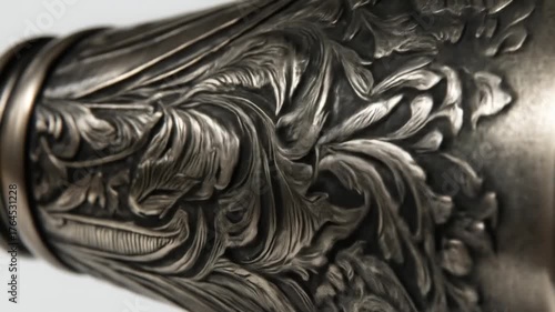 Close-up of ornate silver metal with intricate floral and scrollwork engraving. Detailed antique decorative pattern texture.
