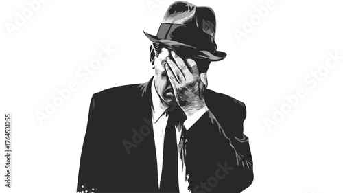 Stylized image of a man in a fedora hat covering his face with his hand, depicting distress, regret, or a classic facepalm.