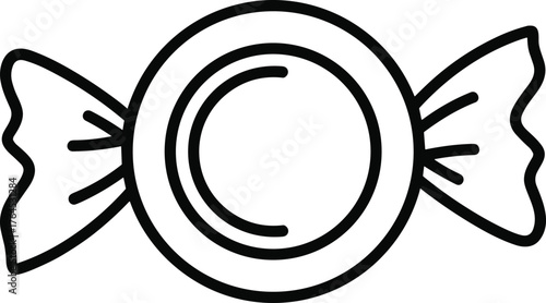 Minimal candy icon, sweet wrapper illustration, black and white line art, circular candy logo, simple 