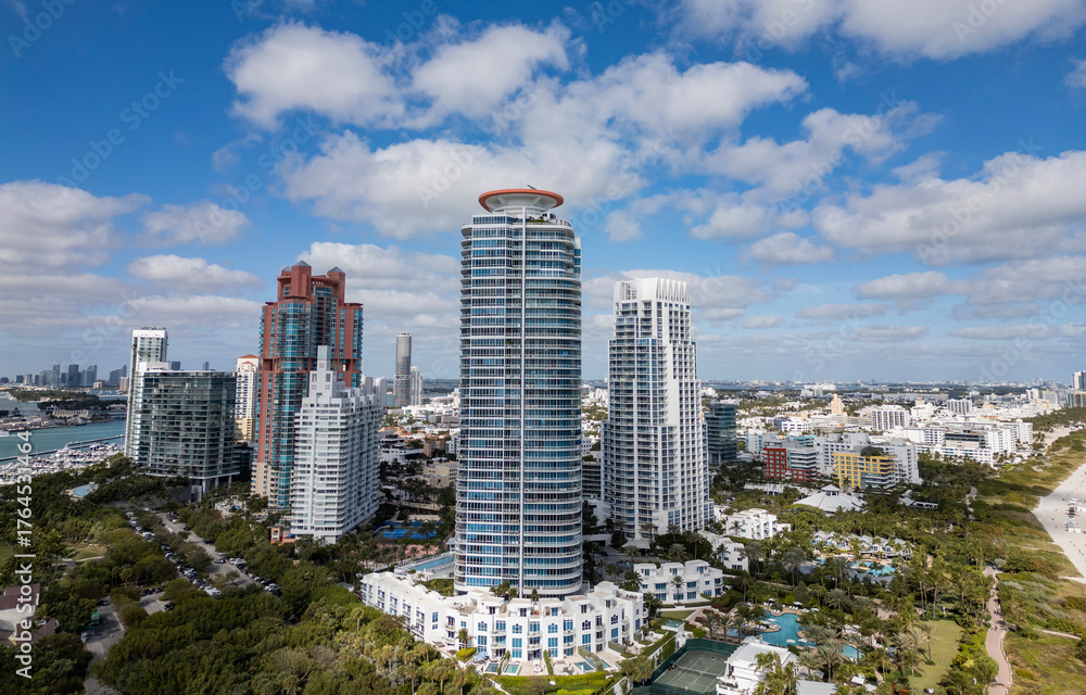 Fototapeta premium Miami Beach skyline aerial view. Miami city from drone. Tropical Miami scene.
